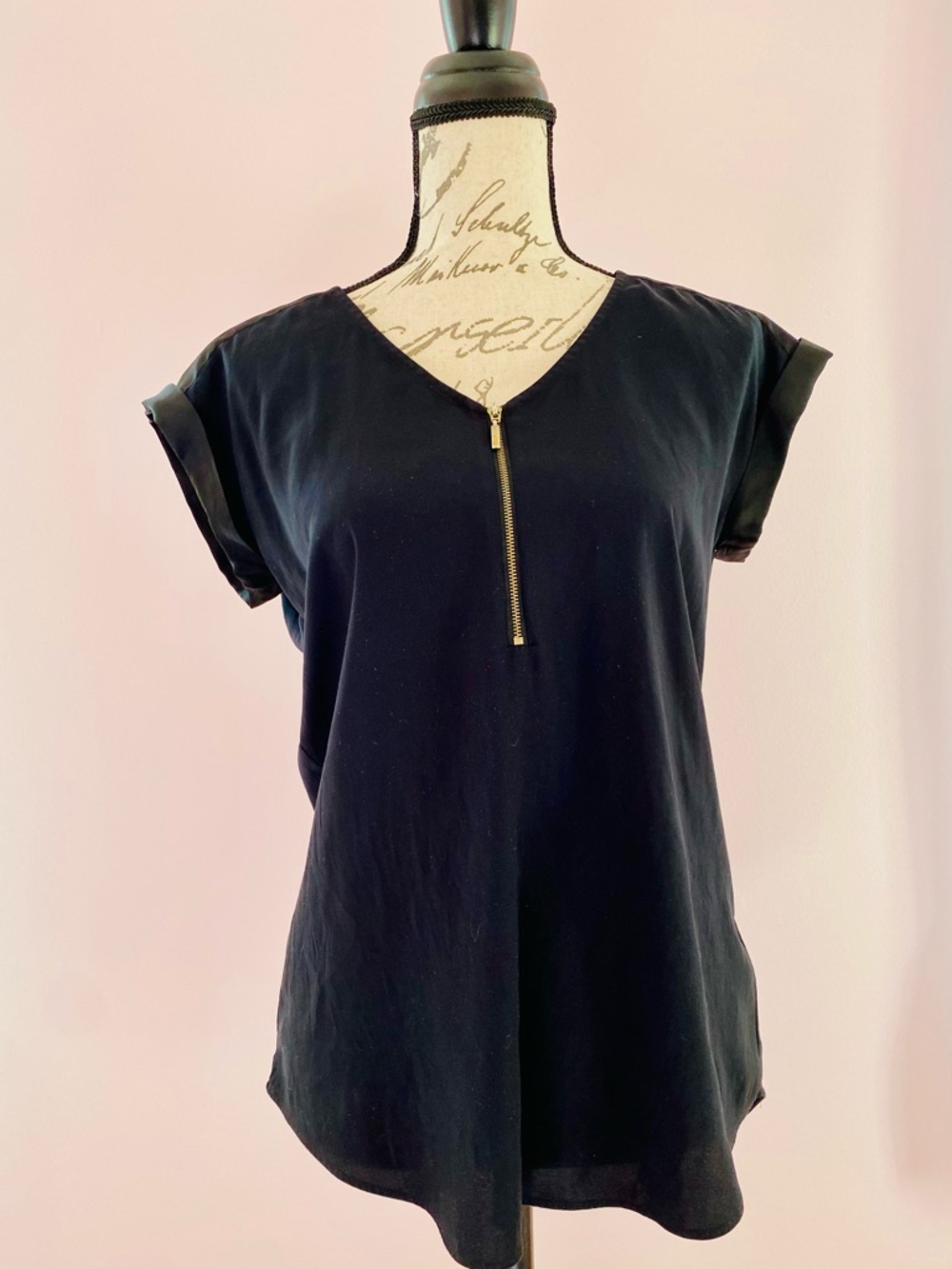 Black V-Neck Zip Front Women's Top